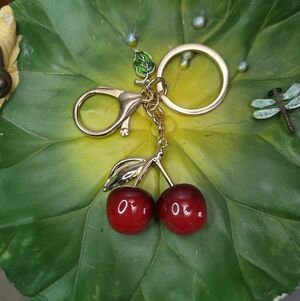 Gold Cherry Keychain with Red Cherries and Green Leaf, NEW